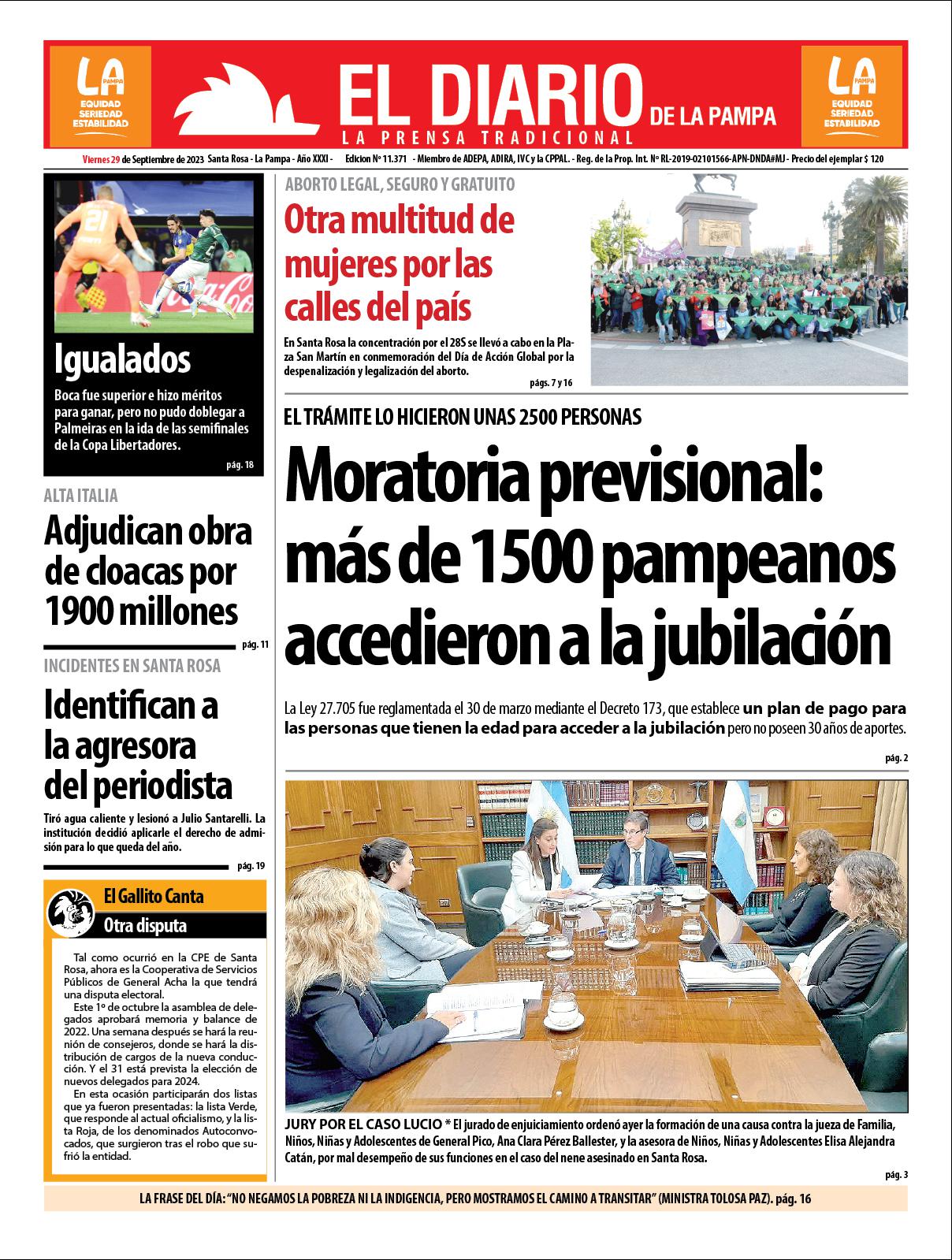 Tapa de El Diario en papel  viernes 29 de septiembre de 2023